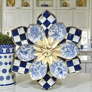 Hand Crafted Royal Check and Hummingbird Metal Wall Decor Blue White
